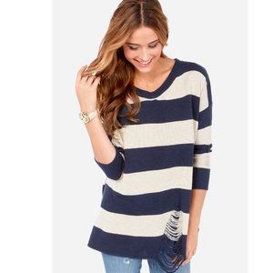 Lulus Daily Shred Beige and Navy Blue Striped Sweater